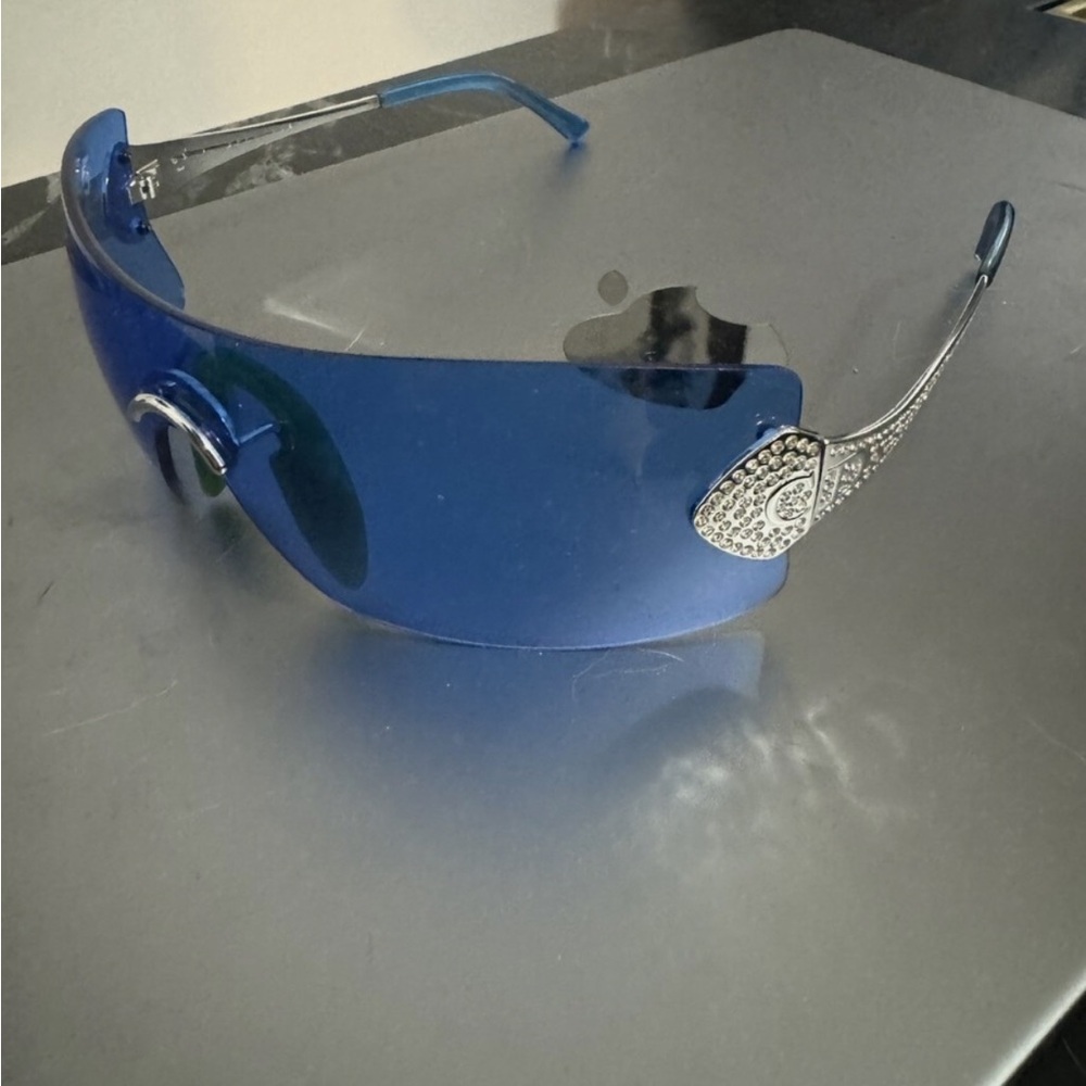 Christian Dior Alek R8Y White Gold W/ Swarovski Crystals Blue Lens Sunglasses